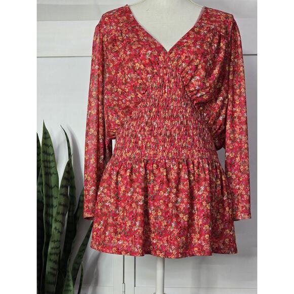 Lane Bryant Peplum Blouse Top Womens Plus 22/24 Pink Floral Smocked Waist Mesh - Picture 3 of 5